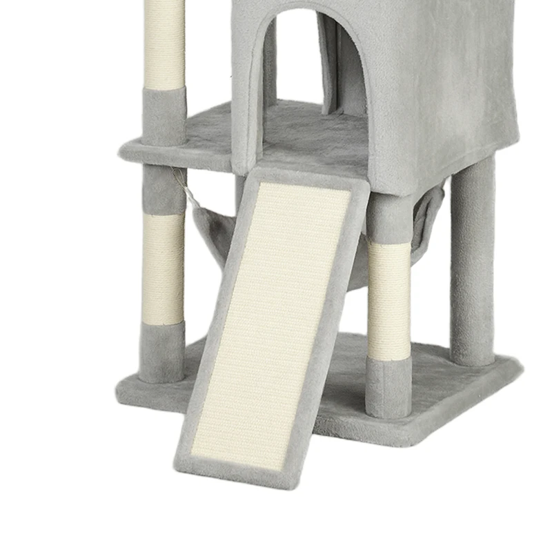 PawHut Arbre à chat tour de jeux pour chat 3 platesformes 2 niches 2 lits 2 hamacs 1 échelle hauteur 177 cm gris clair