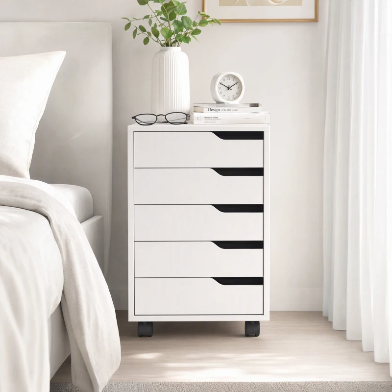 HOMCOM Caisson Bureau Mobile avec 5 Tiroirs, Meuble Rangement Bureau sur Roulettes pour Documents et Imprimante, Blanc