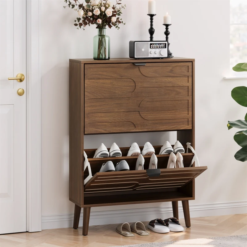Farmhouse Walnut Shoe Storage Cabinet with 2 Flip Drawers, Slim Fence Shoe Cabinet for Corridor Entrance, 60L x 24W x 98H cm, Walnut