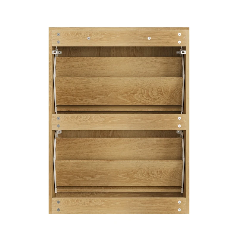 Slim Oak Hidden Shoe Cabinet with 2 Drop-Down Drawers, Mid-Century Freestanding Shoe Cabinet for Hallway, 60L x 24W x 80H cm, Oak