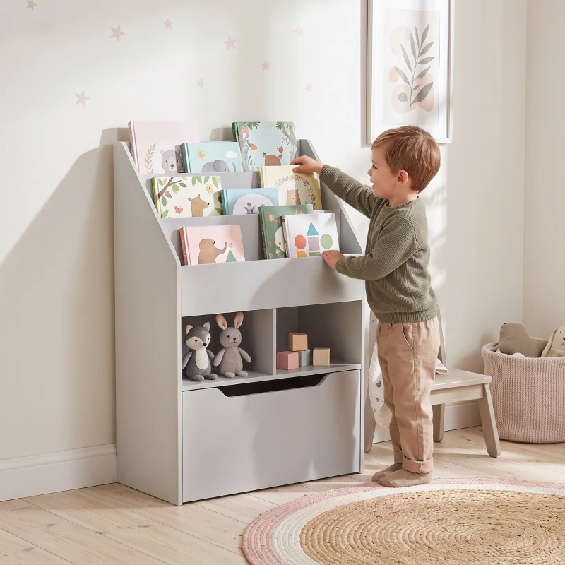 HOMCOM Bibliothèque étagère Multi-Rangement 3 étagères 2 niches Grand tiroir en bois Gris