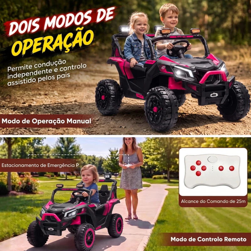 AIYAPLAY UTV elétrico infantil 24 V de 2 lugares, 2 motores de 120 W, comando à distância e suspensão às 4 rodas, rosa