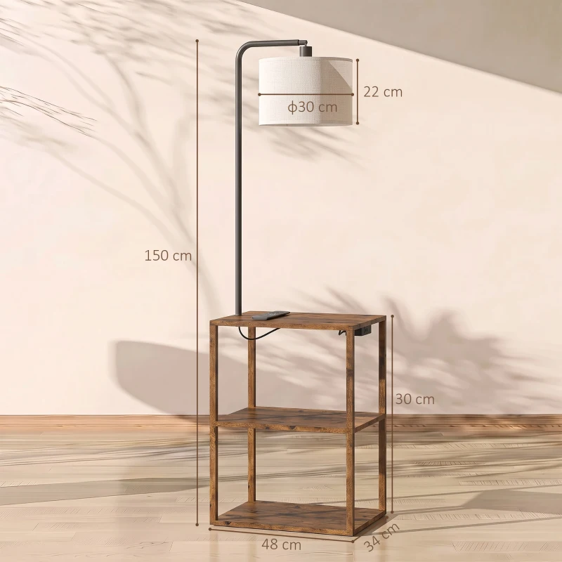 HOMCOM Dimmable Floor Lamp with Shelves, Charging Station, 3-Tier Storage Table, Adjustable Fabric Lampshade, Rustic Brown