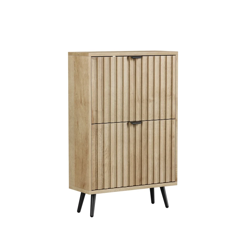 Slimline Oak Freestanding Shoe Cabinet with 2 Tilt-Out Compartments, Mid-Century Shoe Organizer for Hallway Porch, 60L x 24W x 95H cm, Oak