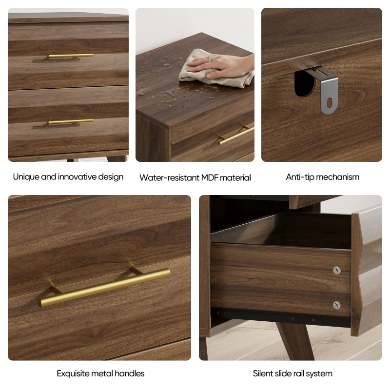 Sturdy Walnut Double Drawer Bedside Table with Metal Handles, Sleek Bedside Storage Cabinet for Bedroom, 50L x 40W x 58H cm, Walnut