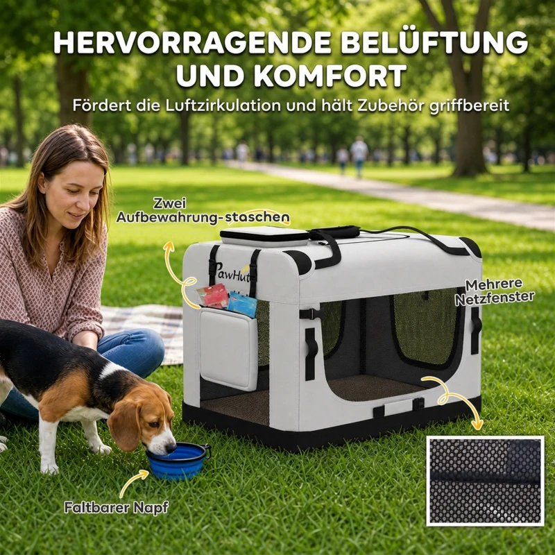 PawHut Draagtas voor huisdieren, zachte hondendraagtas met veiligheidsriem, kussen en voerbak, lichtgrijs