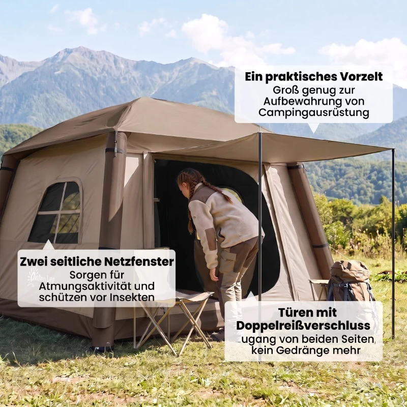 Outsunny Aufblasbares Campingzelt 1-2 Personen Outdoor Familienzelt mit Haken Luftpumpe Fenstern Türen für 4 Jahreszeiten
