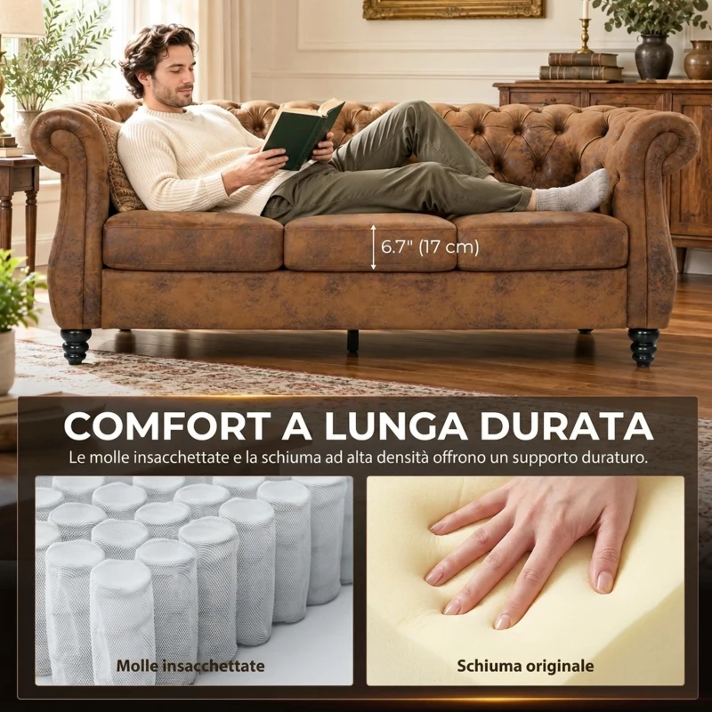 HOMCOM Divano 3 Posti Chesterfield con Seduta Ampia in Tessuto Effetto Pelle, 206x82x76 cm, Caffè
