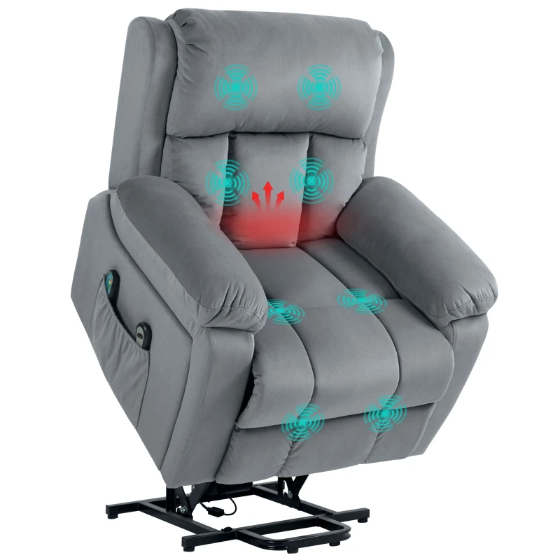 HOMCOM Fotoliu Recliner cu 8 Puncte de Masaj și Buzunar pentru Depozitare, din Piele Ecologică și Oțel, 90x95x103 cm, Gri