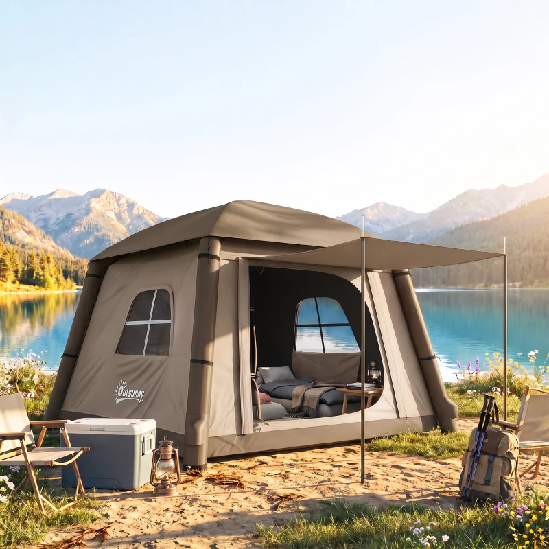 Outsunny Aufblasbares Campingzelt 1-2 Personen Outdoor Familienzelt mit Haken Luftpumpe Fenstern Türen für 4 Jahreszeiten