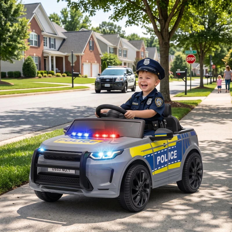 AIYAPLAY Auto Elettrica per Bambini 3-6 Anni Tema Polizia 12V con Telecomando, Sirena, Musica, Grigio