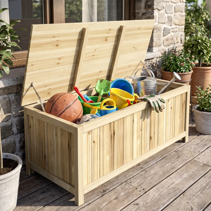 Outsunny Arcón Exterior de Madera 172 L Baúl Almacenaje con Tapa Abatible Resistente a la Intemperie para Jardín Madera Natural