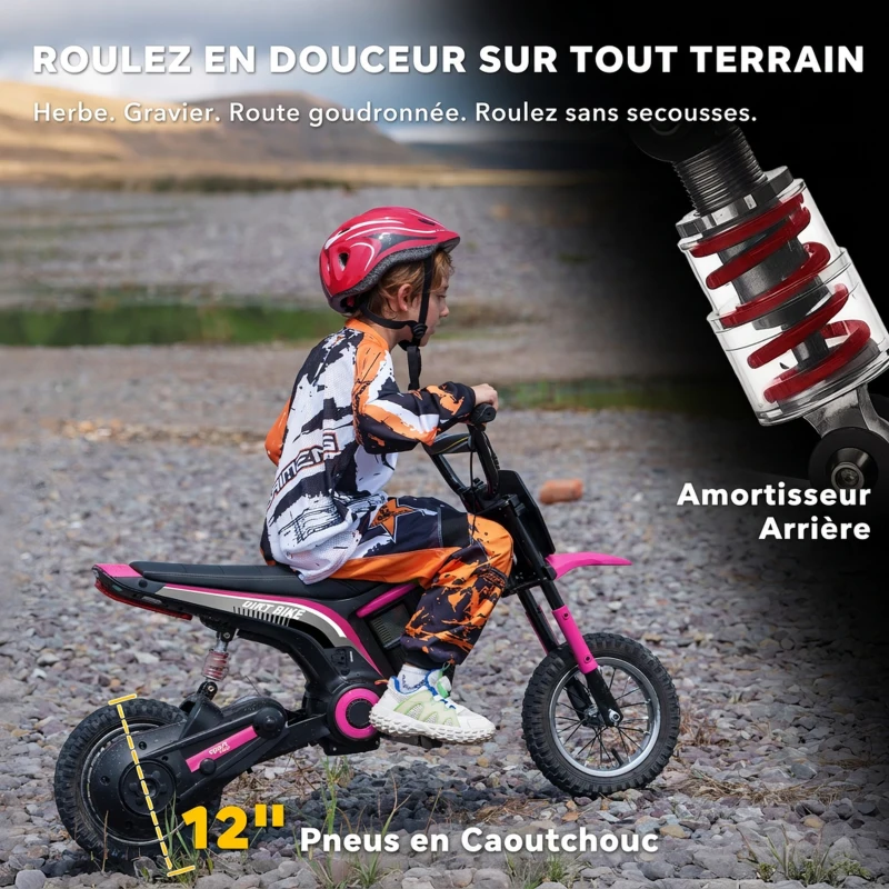 HOMCOM Moto cross électrique enfant moto électrique enfants moteur 350 W batterie 12V 8-16 km/h pneus gonflables 12'' rose