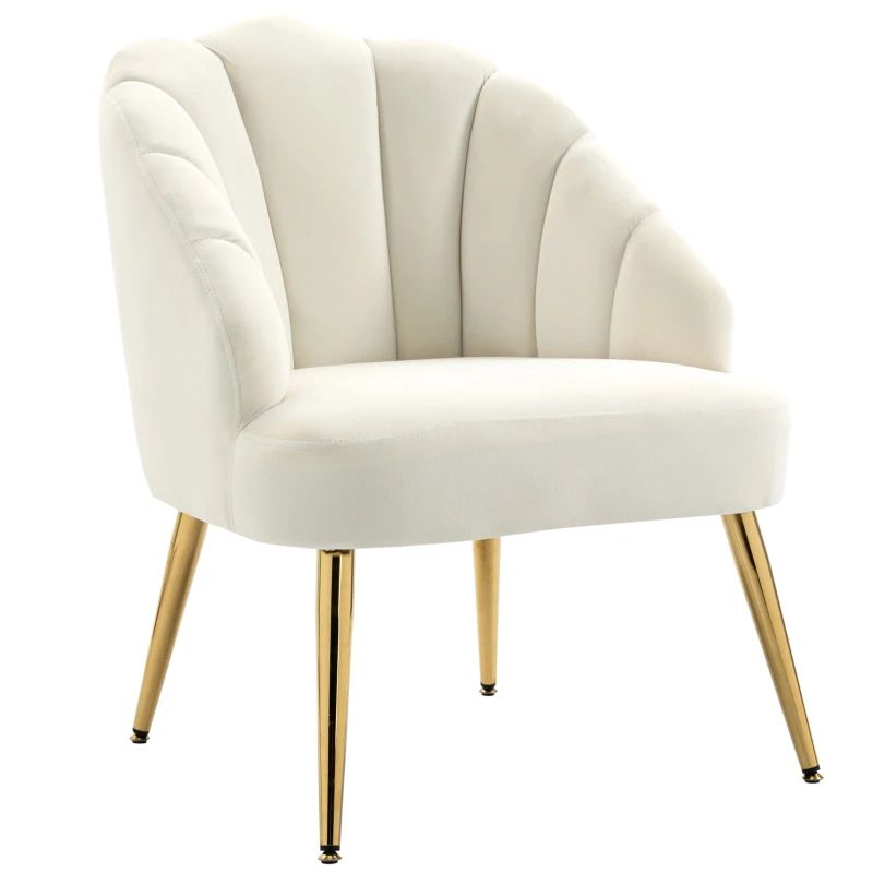 HOMCOM Fauteuil Salo, Fauteuil Coquillage Rembourré en Velours avec Pieds Dorés en Acier, 63 x 65 x 84 cm, Crème