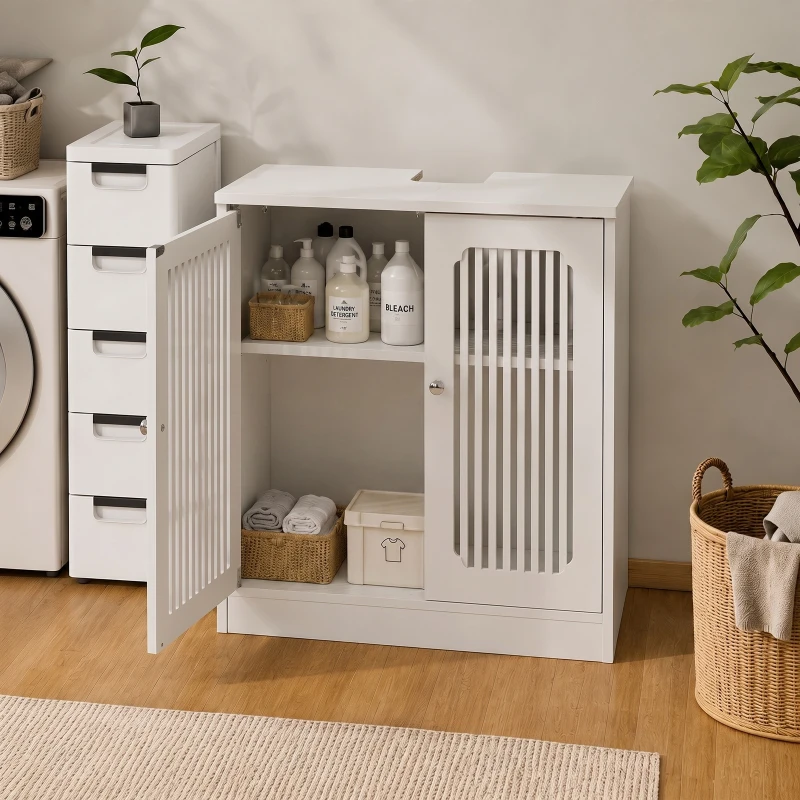 Minimalist Washbasin Cabinet with Louvered Double Doors, Sturdy Floor-Standing Storage Cabinet for Bathroom Utility, 60L x 30W x 60H cm, White