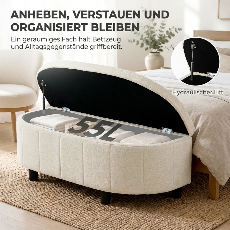 HOMCOM Halbrunde Sitzbank aus Chenille mit Stauraum und hydraulischem Klappdeckel, bis 220 kg, cremeweiß