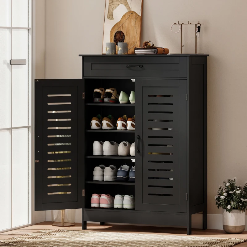 HOMCOM Meuble à chaussures 20 paires, armoire à chaussures avec 2 portes persiennes, tiroir et étagères réglables, noir