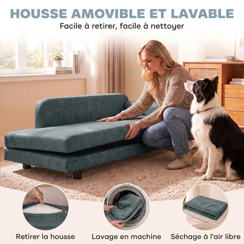 PawHut Canapé pour Chien Lit pour Chien Coussin Déhoussable Lavable Dossier Haut Accoudoirs Velours 101x66x34,5cm Gris