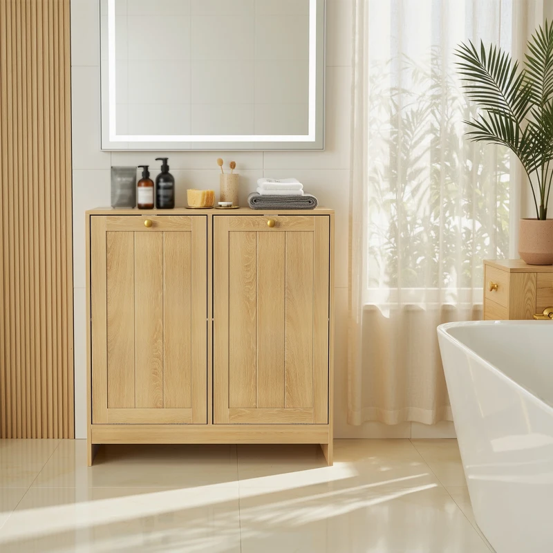 Smart Oak Tilted Laundry Hamper with 2 Baskets, Hidden Free-Standing Laundry Cabinet for Bathroom Utility Room, 66L x 33W x 68H cm, Oak