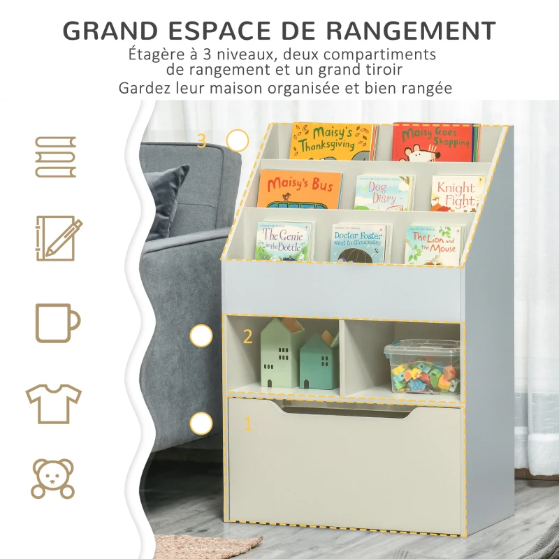 HOMCOM Bibliothèque étagère Multi-Rangement 3 étagères 2 niches Grand tiroir en bois Gris