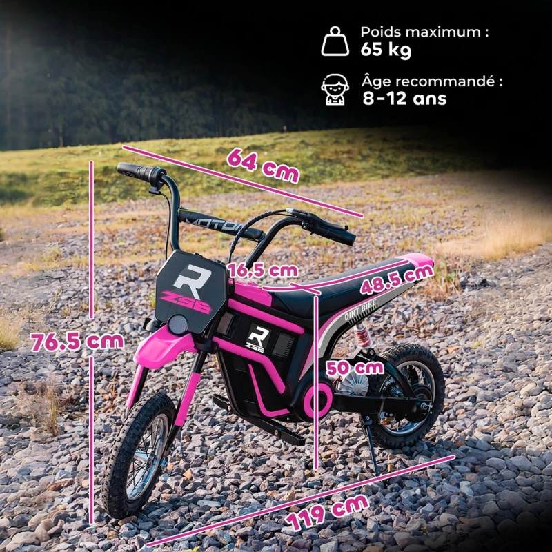 HOMCOM Moto cross électrique enfant moto électrique enfants moteur 350 W batterie 12V 8-16 km/h pneus gonflables 12'' rose