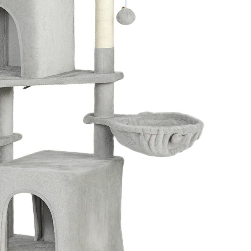 PawHut Arbre à chat tour de jeux pour chat 3 platesformes 2 niches 2 lits 2 hamacs 1 échelle hauteur 177 cm gris clair