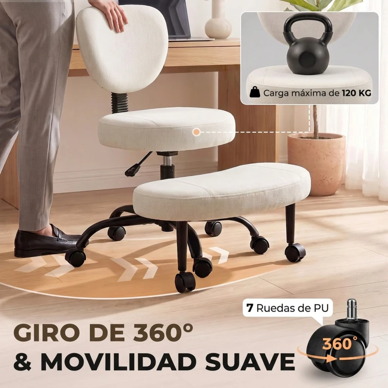 HOMCOM Silla de Oficina Ergonómica para Piernas Cruzadas Giratoria 360° Ruedas PU Altura Ajustable para TDAH Meditación Crema