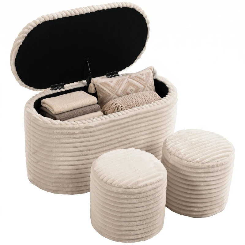 HOMCOM Sitzbank mit Stauraum 3-teiliges ineinanderstellbares Cord Truhenbank Hocker Set Beige