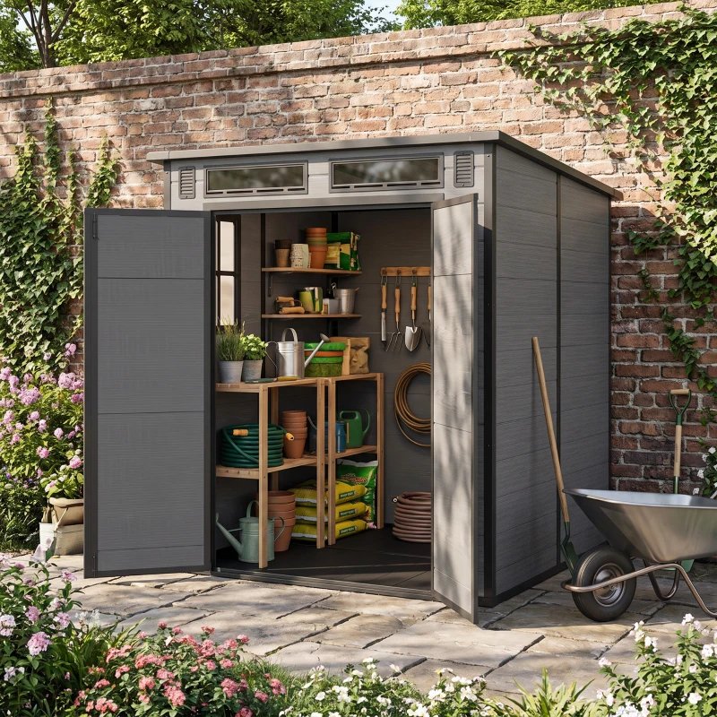Outsunny 6 x 6 ft Plastic Garden Shed, Wood-Effect Outdoor Storage Shed with Floor, Windows, Lockable Doors and Vents, Dark Grey