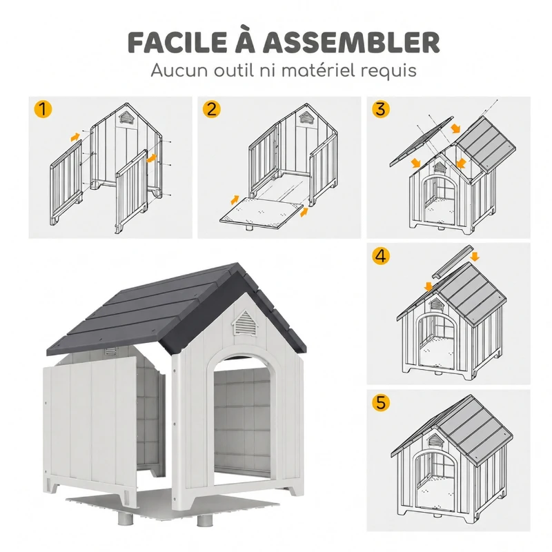 PawHut Niche pour chien extérieur, maison chien en polypropylène imperméable ventilé plancher surélevé 66x55x65cm gris clair