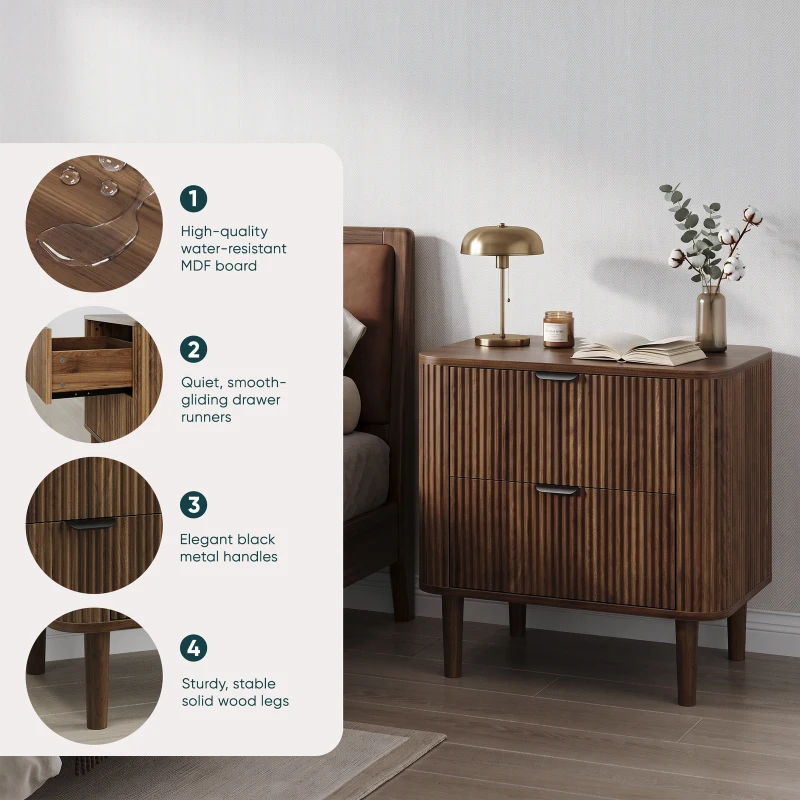Modern Walnut-Effect Bedside Cabinet with 2 Drawers and Fluted Fronts, Retro Storage for Bedrooms and Offices, 57L x 40W x 57H cm, Walnut
