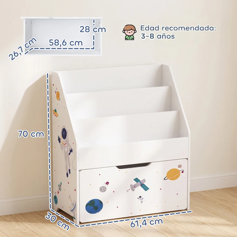 AIYAPLAY Librería Infantil con Cajón Móvil y 3 Estantes Estantería para Libros Diseño de Espacio Montessori 3 a 8 Años Blanco