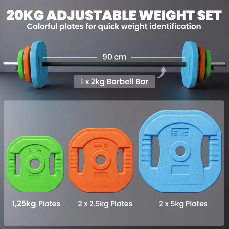 SPORTNOW 20 kg Adjustable Barbell Weights Set, Barbell Bar with Weight Plates, Non-slip Handle, Multicolour
