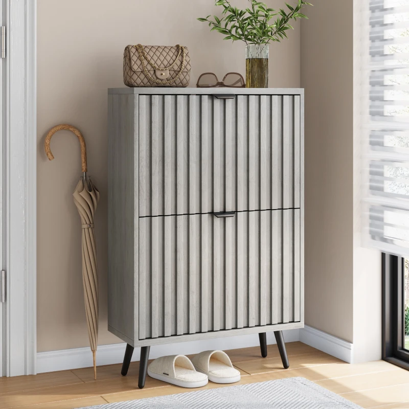 Streamlined Concealed Shoe Cabinet with 2 Flip Drawers, Secure Freestanding Storage Cabinet for Hallway Porch, 60L x 24W x 94H cm, Gray