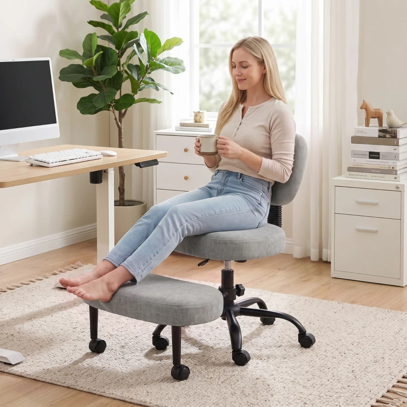 HOMCOM Silla de Oficina Ergonómica para Piernas Cruzadas Giratoria 360° Ruedas PU Altura Ajustable para TDAH Meditación Gris