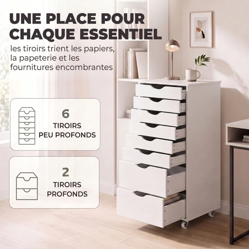 HOMCOM Caisson Bureau Mobile avec 8 Tiroirs, Meuble Rangement Bureau pour Documents et Imprimante, 53x40x103,5cm, Blanc