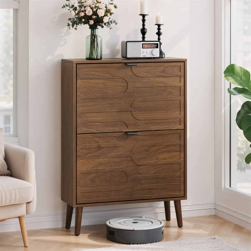 Farmhouse Walnut Shoe Storage Cabinet with 2 Flip Drawers, Slim Fence Shoe Cabinet for Corridor Entrance, 60L x 24W x 98H cm, Walnut