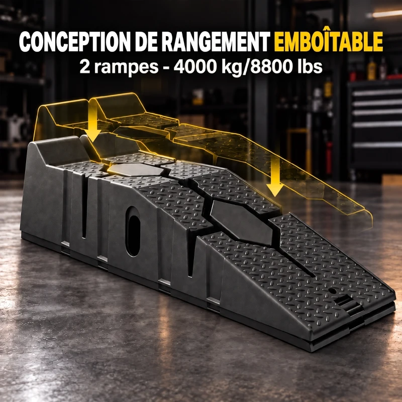 HOMCOM Lot de 2 Rampes Voiture 4T HDPE Pente Douce 90cm Rampe de Levage Butée Antidérapante Largeur 29,5cm 90x29,5x22,5cm Noir