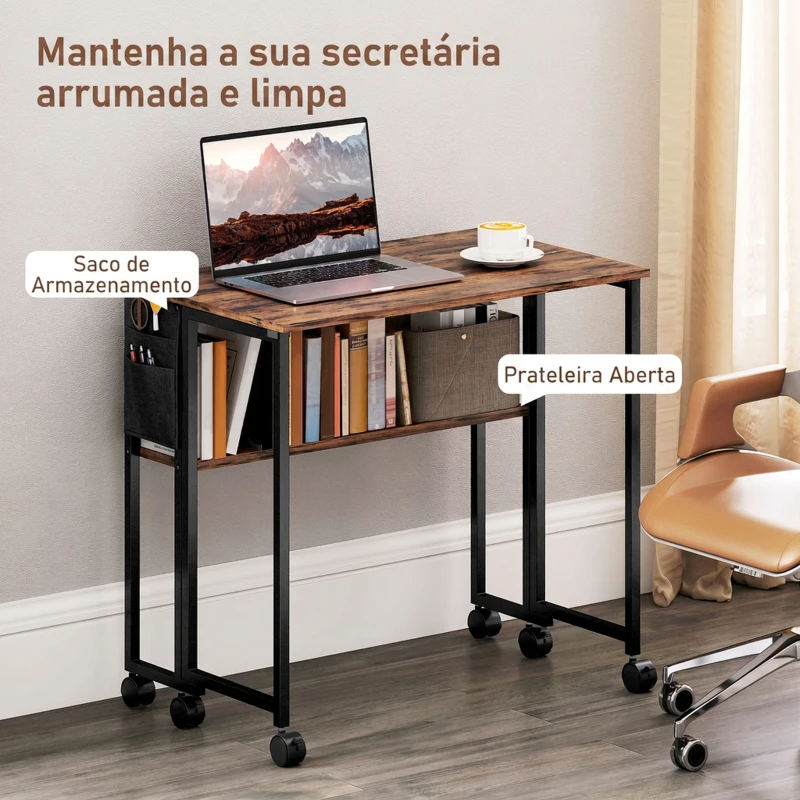 HOMCOM Secretária Dobrável com Rodas, Prateleira e Bolsa de Arrumação, Ideal para Espaços Pequenos, 80x50x75 cm, Castanho Rústico