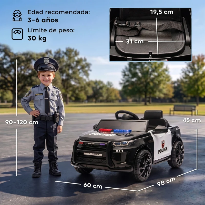 AIYAPLAY Coche Eléctrico para Niños de Policía 12V Mando a Distancia 2,4 G 2 Motores Arranque Suave Sirena Luces Música Negro