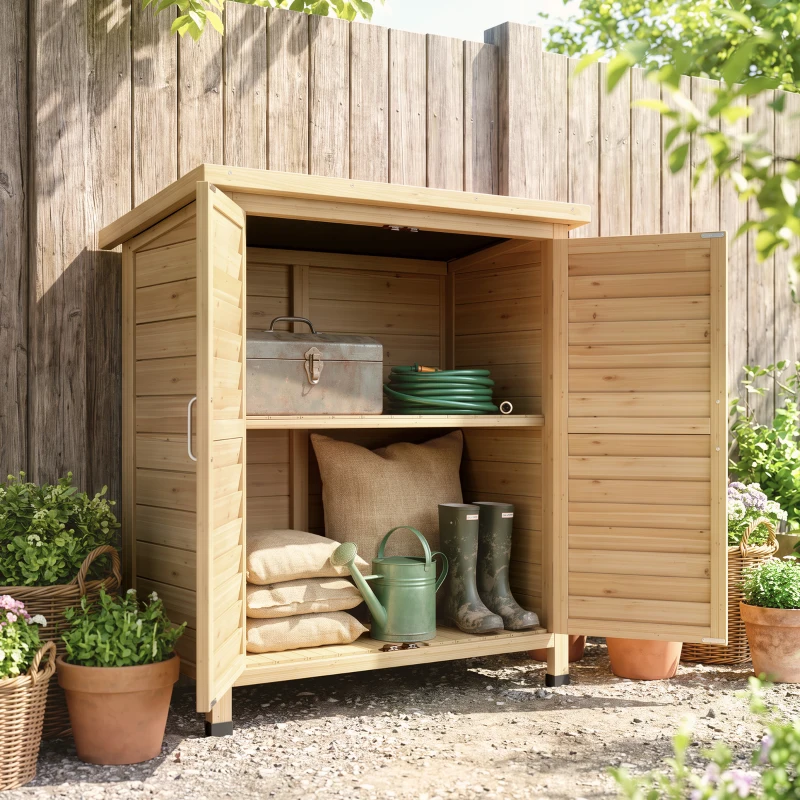 Outsunny Gartenschrank Holz Gerätehaus Geräteschuppen Geräteschrank Holzhütte Pultdach Bitumenpappe Lamellentüren Natur 87 x 46,5 x 96,5 cm