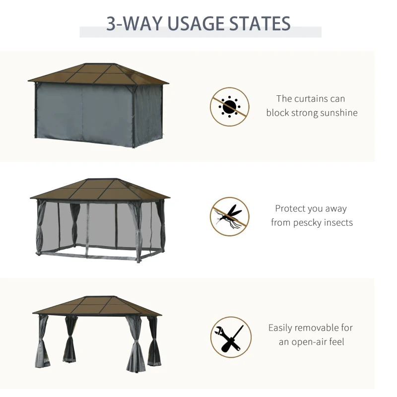 Outsunny 3 x 4m Hardtop Gazebo Canopy with Polycarbonate Roof, Aluminium Frame, Permanent Pavilion Garden Gazebo with Netting and Curtains - Grey