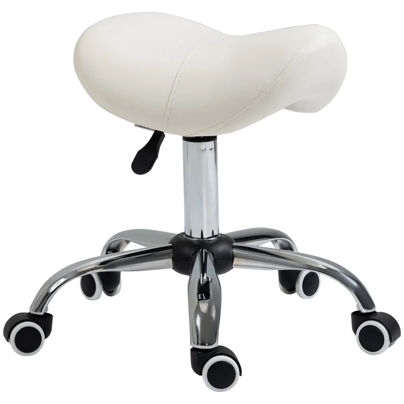 HOMCOM Taburete con Ruedas Taburete Giratoria con Altura Ajustable Taburete Cosmética Dentista Peluqueria 52x53x49-61cm Blanco