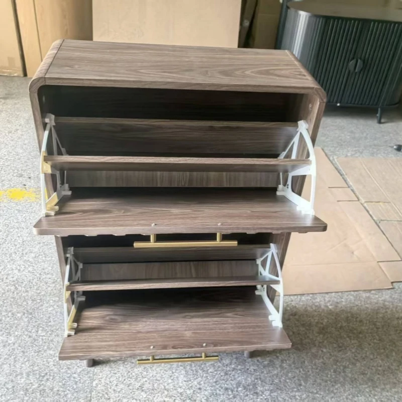 Mid-Century Walnut Shoe Storage Cabinet with 2 Flip Drawers, Freestanding Shoe Cabinet for Entry Hallway, 60L x 24W x 95H cm, Walnut
