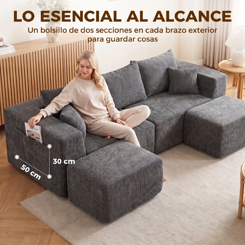 HOMCOM Sofá Modular en U de 3 Plazas con 2 Otomanas Bolsillos Sofá de Chenilla con Asiento Ancho No Requiere Montaje Gris
