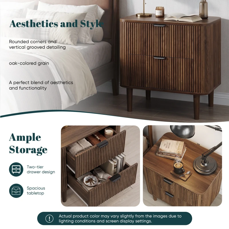 Modern Walnut-Effect Bedside Cabinet with 2 Drawers and Fluted Fronts, Retro Storage for Bedrooms and Offices, 57L x 40W x 57H cm, Walnut