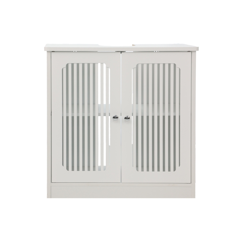 Minimalist Washbasin Cabinet with Louvered Double Doors, Sturdy Floor-Standing Storage Cabinet for Bathroom Utility, 60L x 30W x 60H cm, White