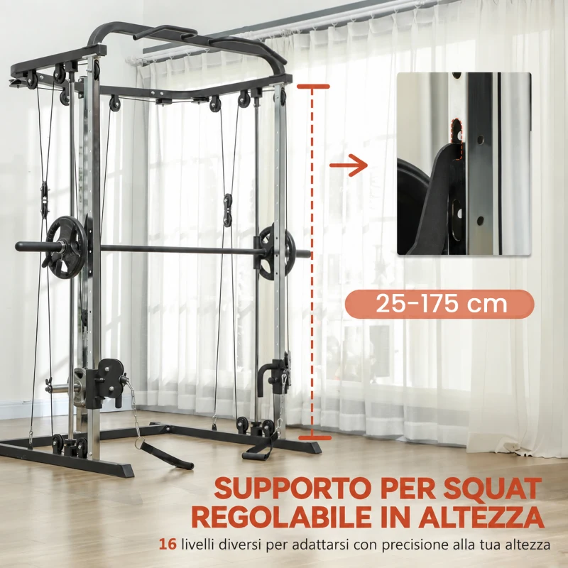 SPORTNOW 3 in 1 Palestra Multifunzione con Sistema di Cavi Incrociati Regolabile, Squat Rack Regolabile, Barra Bilanciere, Barre Trazioni