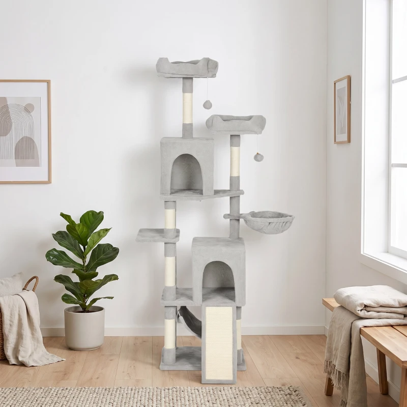 PawHut Arbre à chat tour de jeux pour chat 3 platesformes 2 niches 2 lits 2 hamacs 1 échelle hauteur 177 cm gris clair