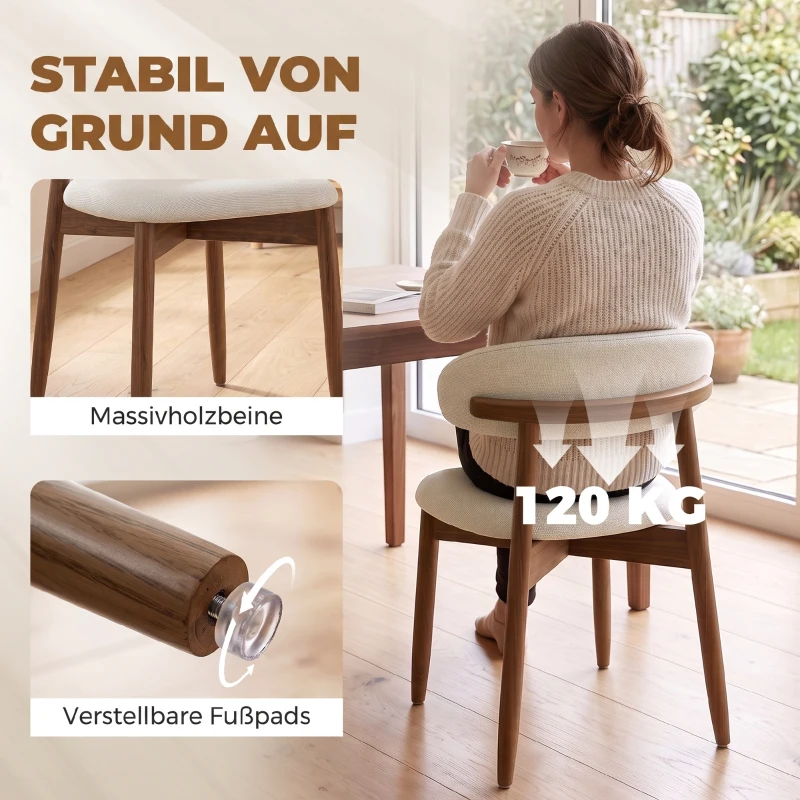 HOMCOM Esszimmerstühle atmungsaktives Kunstleinen Küchenstühle Holzbeine 2er Set Cremeweiß